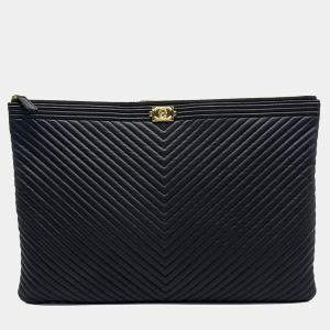 Chanel Black Leather Chevron Boy Large Clutch Bag