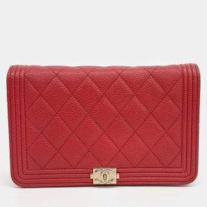 Chanel Red Leather Classic Mini Boy Wallet on Chain Bag