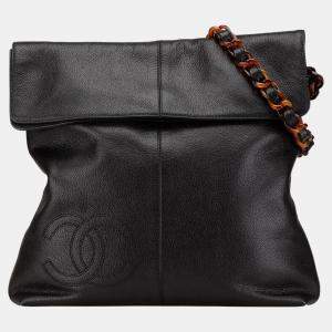 Pre Owned Chanel Black Caviar Tortoise Chain Fold Over Shoulder Bag