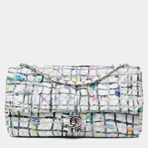 Chanel White Medium Calfskin Hand Painted Graffiti Flap