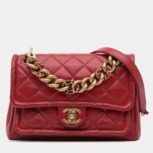 Pre Owned Chanel Red Quilted Lambskin Small Chain Link Flap Bag
