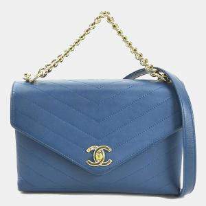 Pre Owned Chanel Blue Leather V-Stitch Shoulder Bag