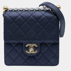 Pre Owned Chanel Navy Blue Lambskin Small Chic Pearls Flap Shoulder Bag
