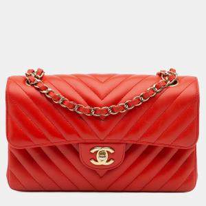 Chanel Orange Chevron Quilted Lambskin Small Classic Double Flap Bag