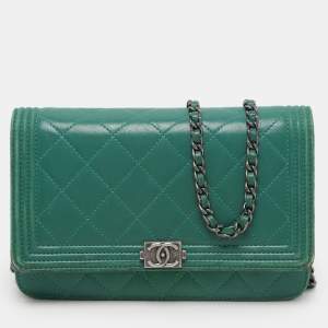 Chanel Green Quilted Leather Boy Wallet On Chain