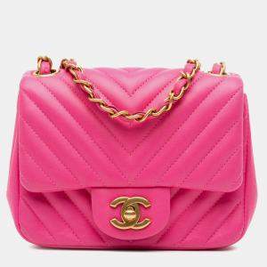Chanel Pink Mini Square Classic Chevron Lambskin Flap