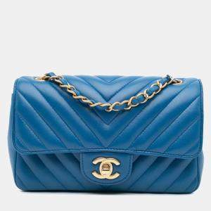 Chanel Blue Lambskin Leather Mini Rectangular Classic Chevron Single Flap Bag