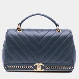 Chanel Black Chevron Sheepskin Stitched Chain Top Handle Flap Bag