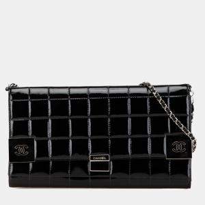 Pre Owned Chanel Black Patent Leather CC Chocolate Bar Clutch on Chain