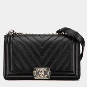 Chanel Black Medium Calfskin Chevron Boy Flap Bag