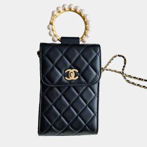 Pre Owned Chanel Black Lambskin Quilted Pearl Crown Phone Holder 