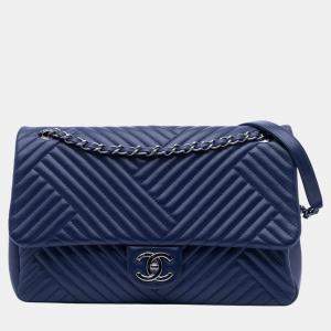 Pre Owned Chanel Dark Blue Quilted Lambskin Large CC Crossing Flap Bag