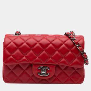 Chanel Red Lambskin Mini Rectangular Classic Single Flap Bag