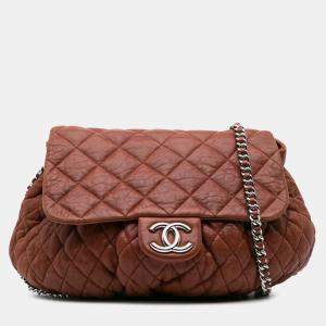 Pre Owned Chanel Brown Large Quilted Lambskin Chain Around Flap Bag