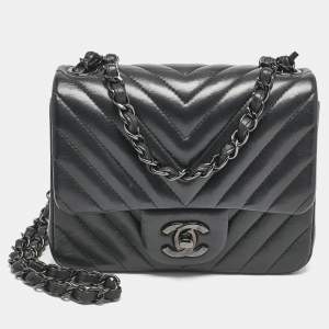 Chanel So Black Chevron Leather Mini Square Classic Flap Bag