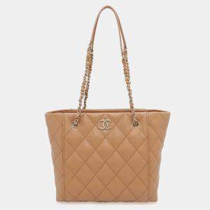 Chanel Caramel Caviar Matelassé Leather CC Logo Chain Tote 