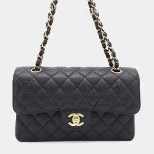 Chanel Black Caviar Leather  Matelasse W Flap Chain Shoulder Bag 