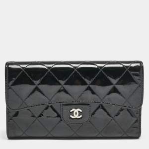 Chanel Black Quilted Patent Leather CC Flap Continental Wallet