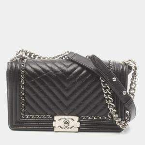 Chanel Black Chevron Leather and Tweed Medium Boy Flap Bag