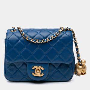 Chanel Blue Mini Square Classic Lambskin Pearl Crush Single Flap Bag
