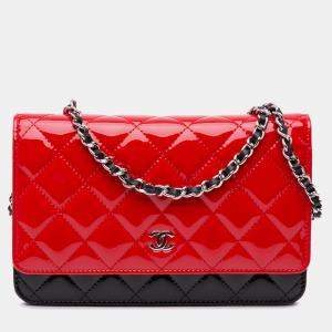 Chanel Red CC Bicolor Quilted Patent Wallet on Chain Bag