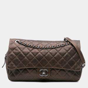 Chanel Brown Jumbo Quilted Iridescent Caviar Easy Flap Bag