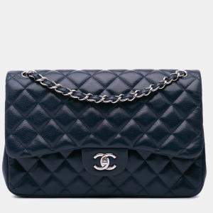Chanel Blue Jumbo Classic Caviar Double Flap Bag