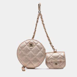 Chanel Gold Metallic Lambskin Round Coin Purse and AirPods Case