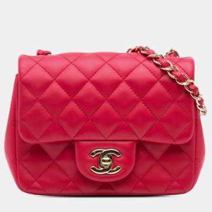 Pre Owned Chanel Pink Lambskin Quilted Mini Square Classic Single Flap Bag