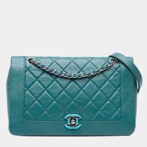Pre Owned Chanel Turquoise Crumpled Calfskin Medium Full Flap Bag