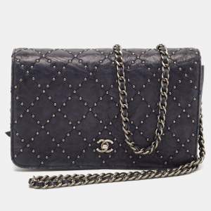 Chanel Navy Blue Quilted Leather CC Studded Wallet On Chain