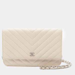Chanel Beige Calfskin Chevron Quilted Wallet On Chain 