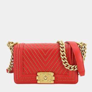 Chanel Red Chevron Leather  Boy Small Chain Shoulder Bag
