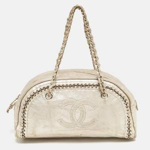 Pre Owned Chanel Gold Leather Medium Chain Trim Luxe Ligne Bowler Bag
