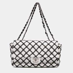 Pre Owned Chanel Black White Jumbo Calfskin Canebiers Net Flap