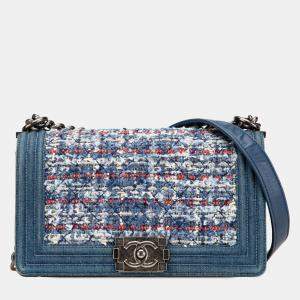 Pre Owned Chanel Blue Denim Tweed Medium Boy Bag
