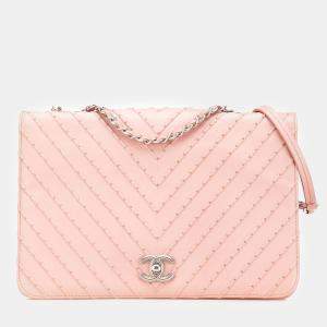 Chanel Pink Chevron Calfskin Studded Full Flap