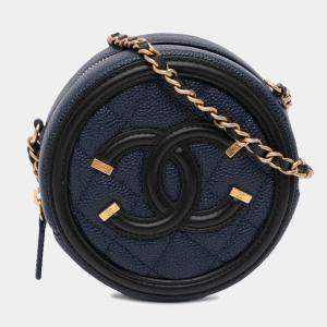 Chanel Navy Blue Caviar Leather CC Filigree Round Crossbody Bag