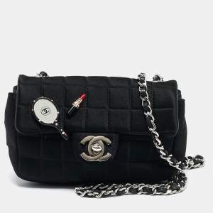 Pre Owned Chanel Black Square Quilted Satin Lipstick Charm Mini Flap Bag