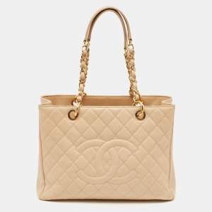 Pre Owned Chanel Beige Quilted Caviar Leather GST Tote