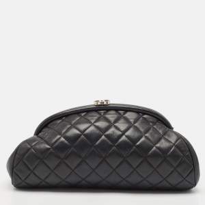 Pre Owned Chanel Black Quilted Leather CC Frame Clutch