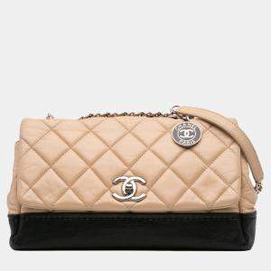 Pre Owned Chanel Beige/Black CC Bicolor Quilted Calfskin and Caviar Single Flap Bag