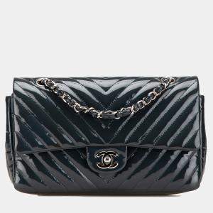 Pre Owned Chanel Navy Blue Medium Classic Chevron Patent Double Flap Bag