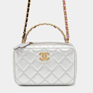 Chanel Silver Lambskin Top Handle Vanity Size Small