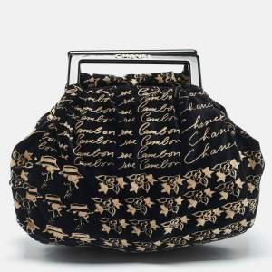 Pre Owned Chanel Black/Beige Velvet Printed Velour Frame Bag