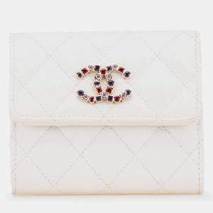 Chanel White CC Quilted Caviar Crystal Trifold Wallet Bag