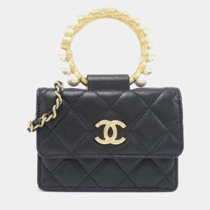 Chanel Black Leather Pearl Bracelet Chain Clutch Bag