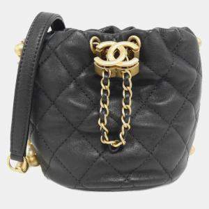 Chanel Black Leather Mini About Pearls Drawstring Bucket Bag