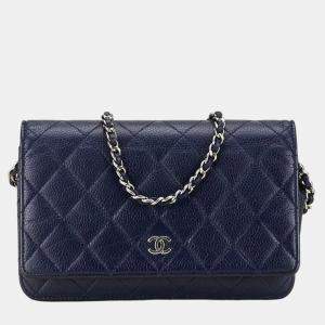 Chanel Navy Blue Caviar Leather Wallet on Chain