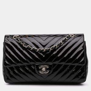 Pre Owned Chanel Black Medium Classic Chevron Patent Double Flap Bag